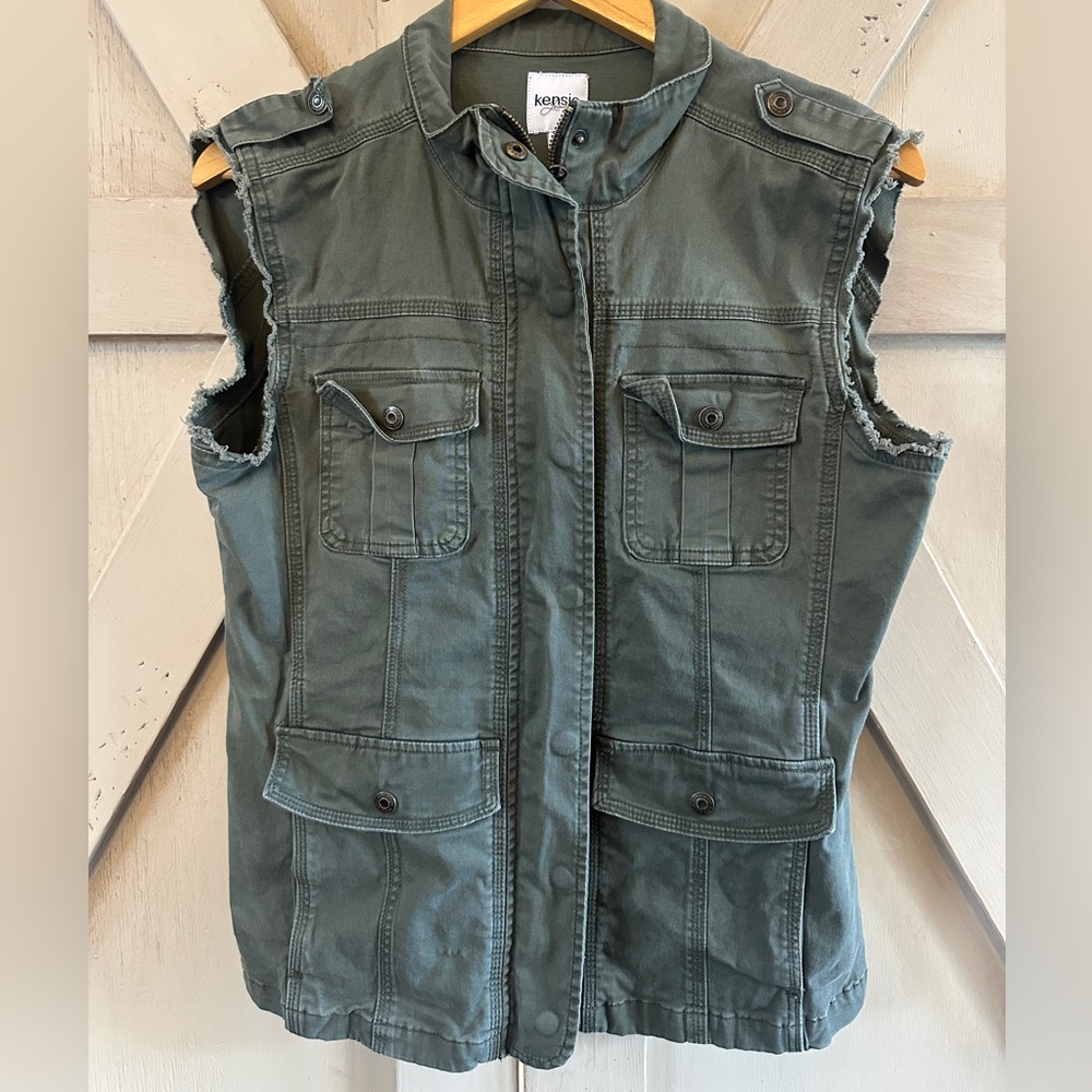 Kensie Utility Vest Green Sleeveless Military Style Jacket Size Large